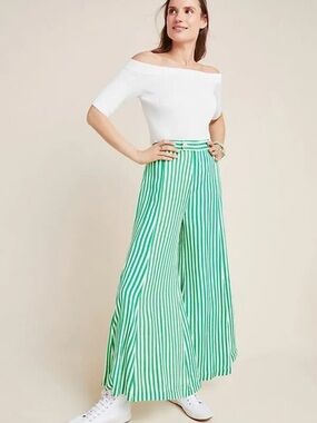 Anthropologie wide leg palazzo green and white stripe pants flowy size 0